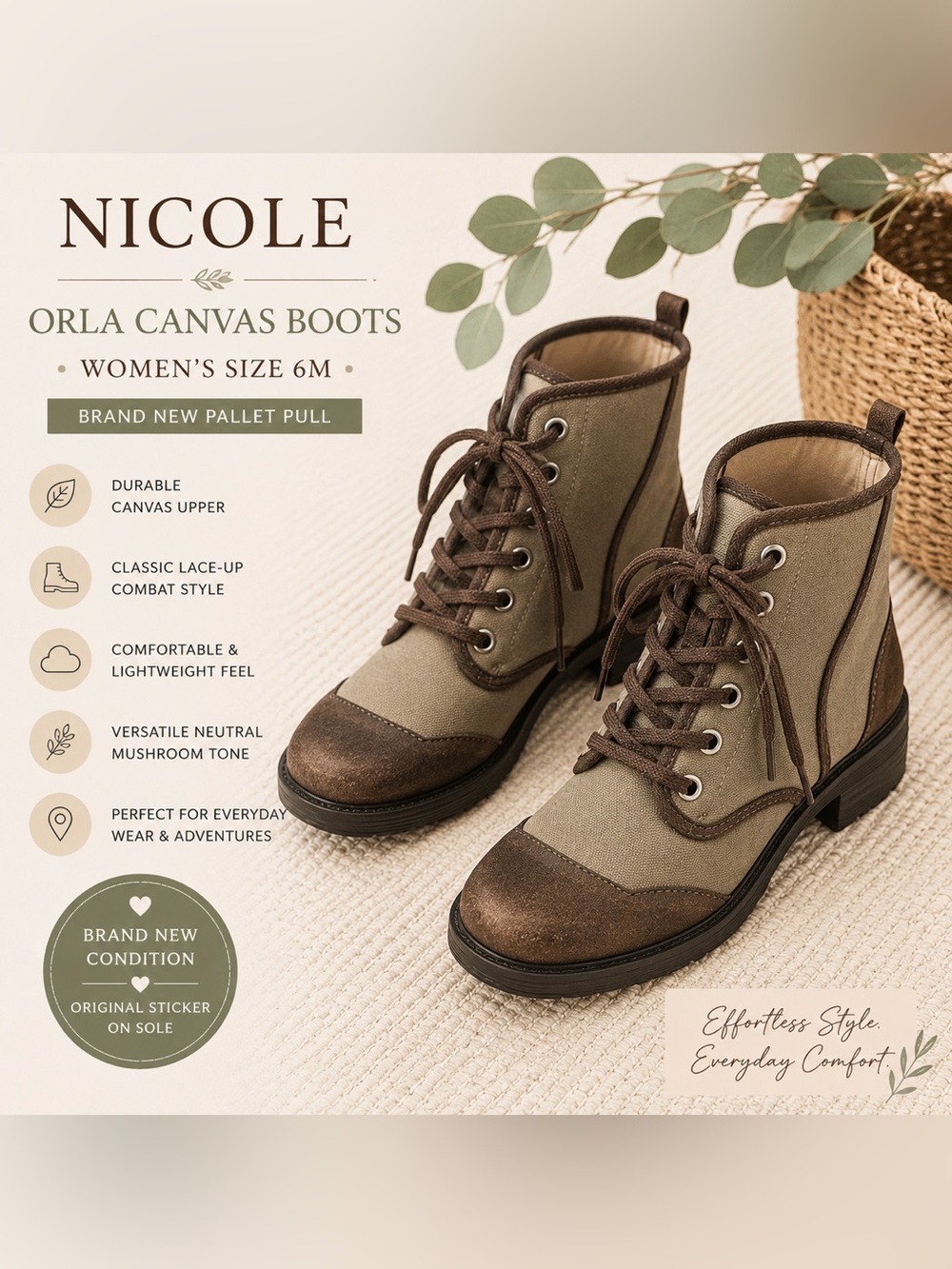 Nicole Orla Canvas Combat Boots Mushroom Brown Lace Up Ankle Boots 6M